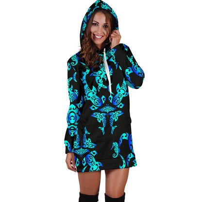 Sea Turtle Polynesian Tribal Hawaiian Women Hoodie Dress