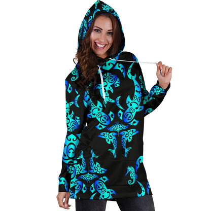 Sea Turtle Polynesian Tribal Hawaiian Women Hoodie Dress