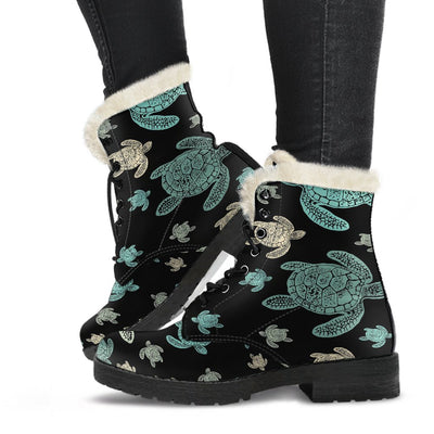 Sea Turtle Stamp Pattern Faux Fur Leather Boots