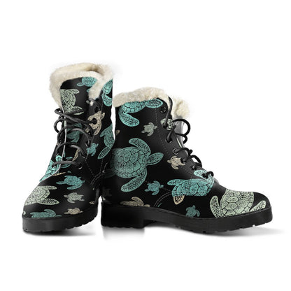 Sea Turtle Stamp Pattern Faux Fur Leather Boots