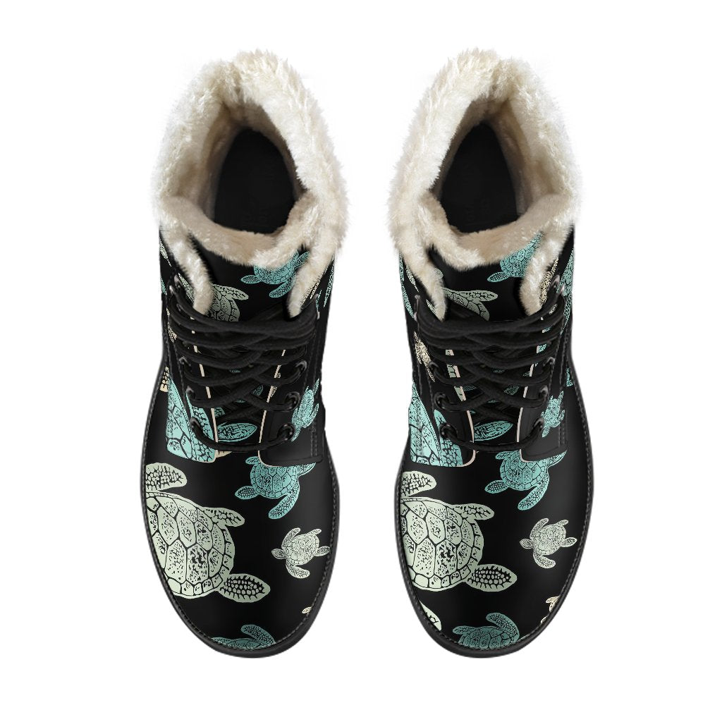 Sea Turtle Stamp Pattern Faux Fur Leather Boots