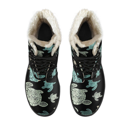 Sea Turtle Stamp Pattern Faux Fur Leather Boots