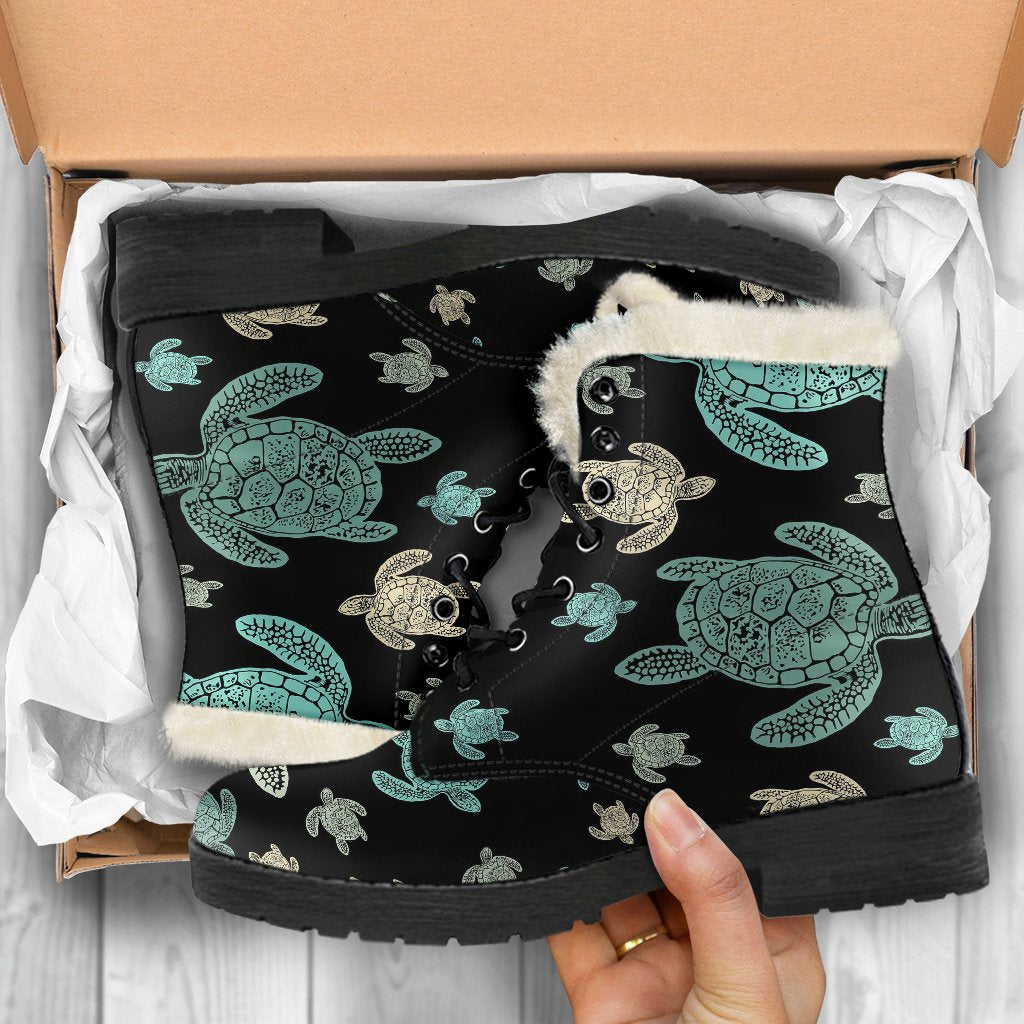 Sea Turtle Stamp Pattern Faux Fur Leather Boots