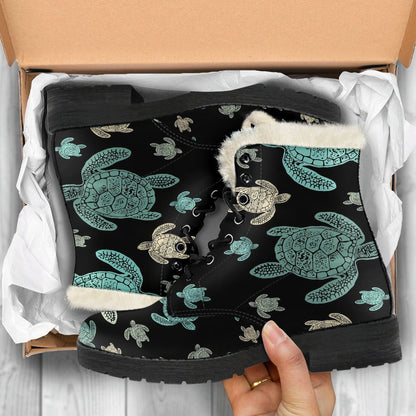 Sea Turtle Stamp Pattern Faux Fur Leather Boots