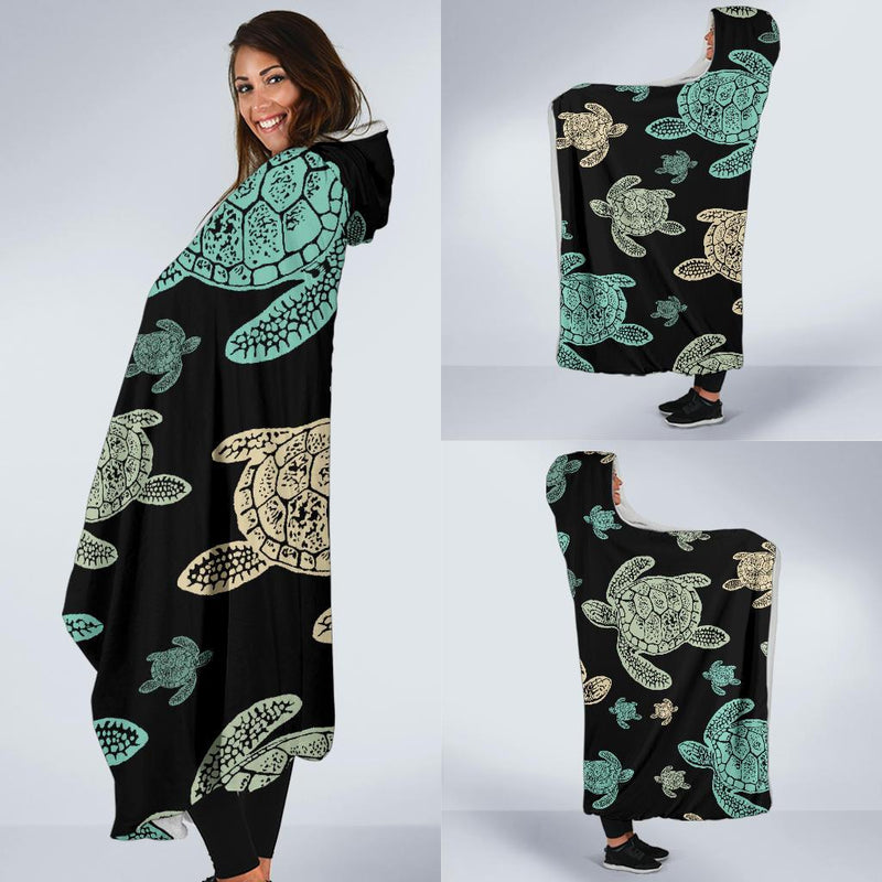 Sea Turtle Stamp Pattern Hooded Blanket-JORJUNE.COM