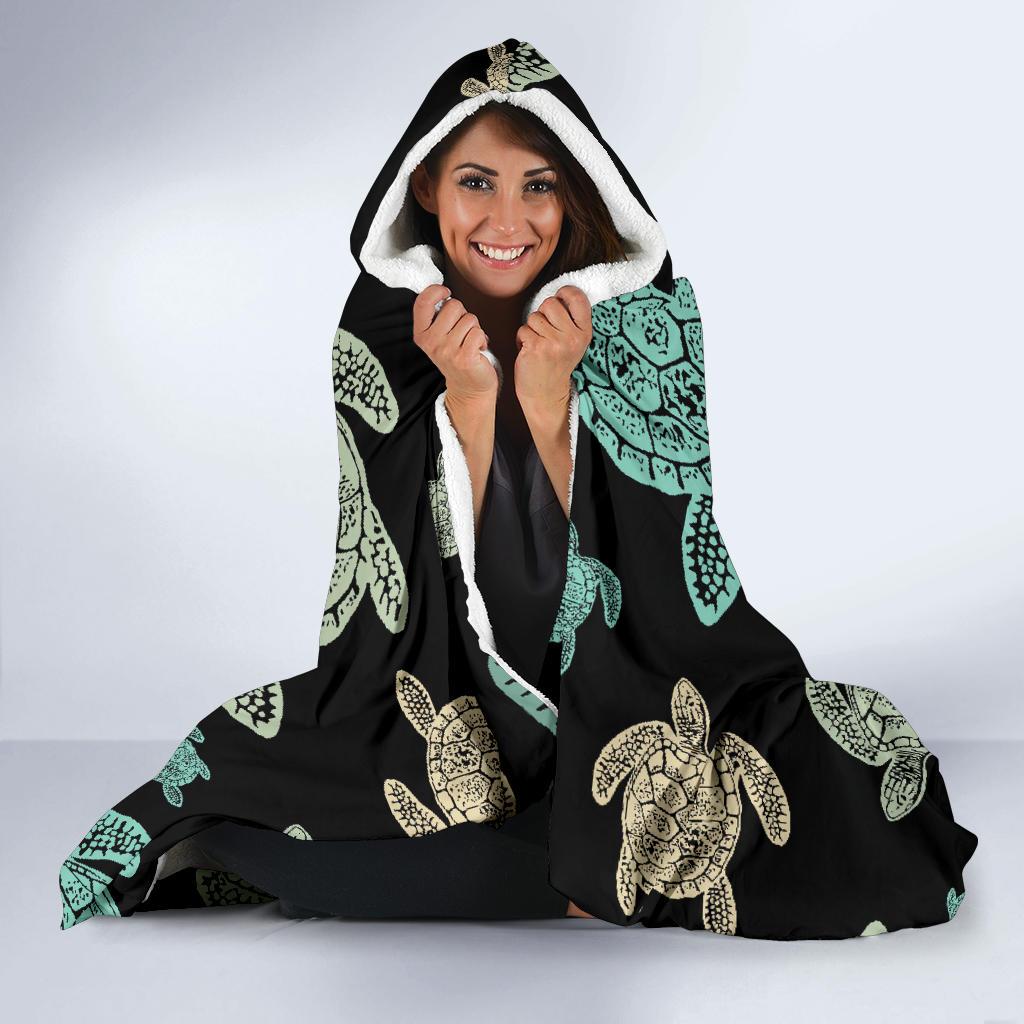 Sea Turtle Stamp Pattern Hooded Blanket-JORJUNE.COM