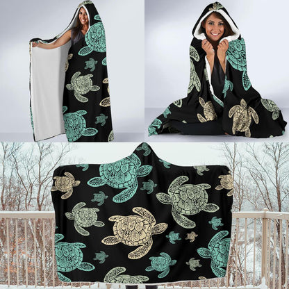Sea Turtle Stamp Pattern Hooded Blanket-JORJUNE.COM