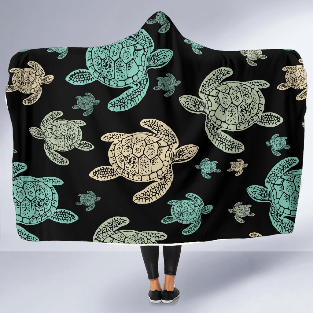 Sea Turtle Stamp Pattern Hooded Blanket-JORJUNE.COM