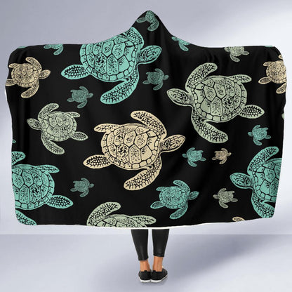 Sea Turtle Stamp Pattern Hooded Blanket-JORJUNE.COM
