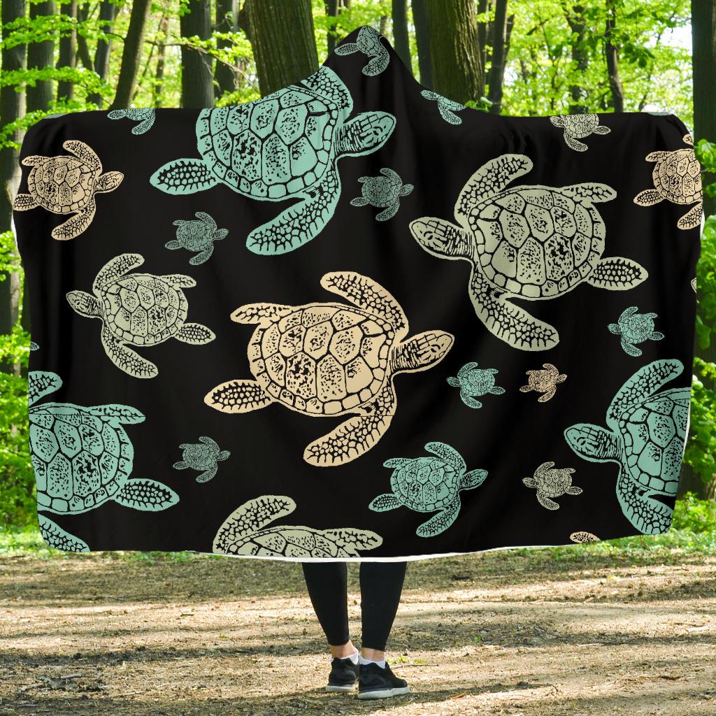 Sea Turtle Stamp Pattern Hooded Blanket-JORJUNE.COM