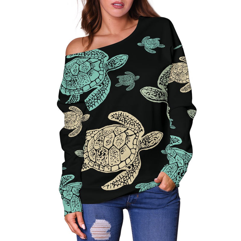 Sea Turtle Stamp Pattern Off Shoulder Sweatshirt