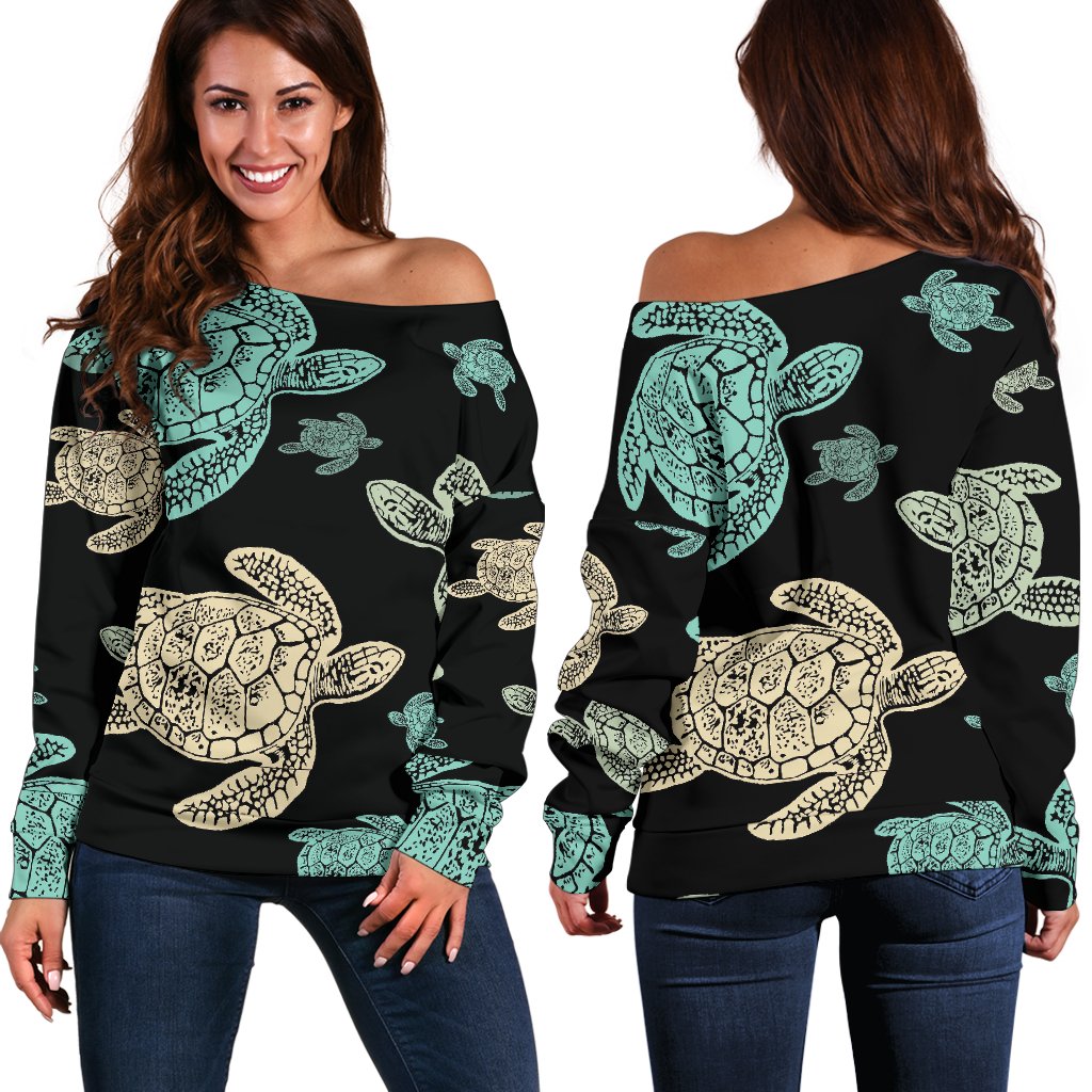 Sea Turtle Stamp Pattern Off Shoulder Sweatshirt