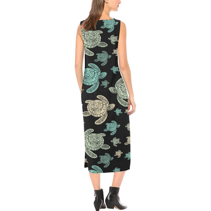 Sea Turtle Stamp Pattern Sleeveless Open Fork Long Dress