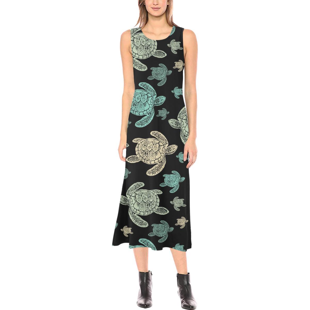 Sea Turtle Stamp Pattern Sleeveless Open Fork Long Dress