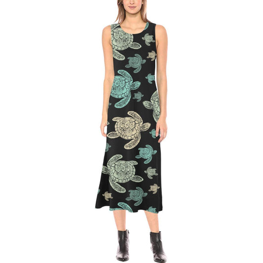 Sea Turtle Stamp Pattern Sleeveless Open Fork Long Dress