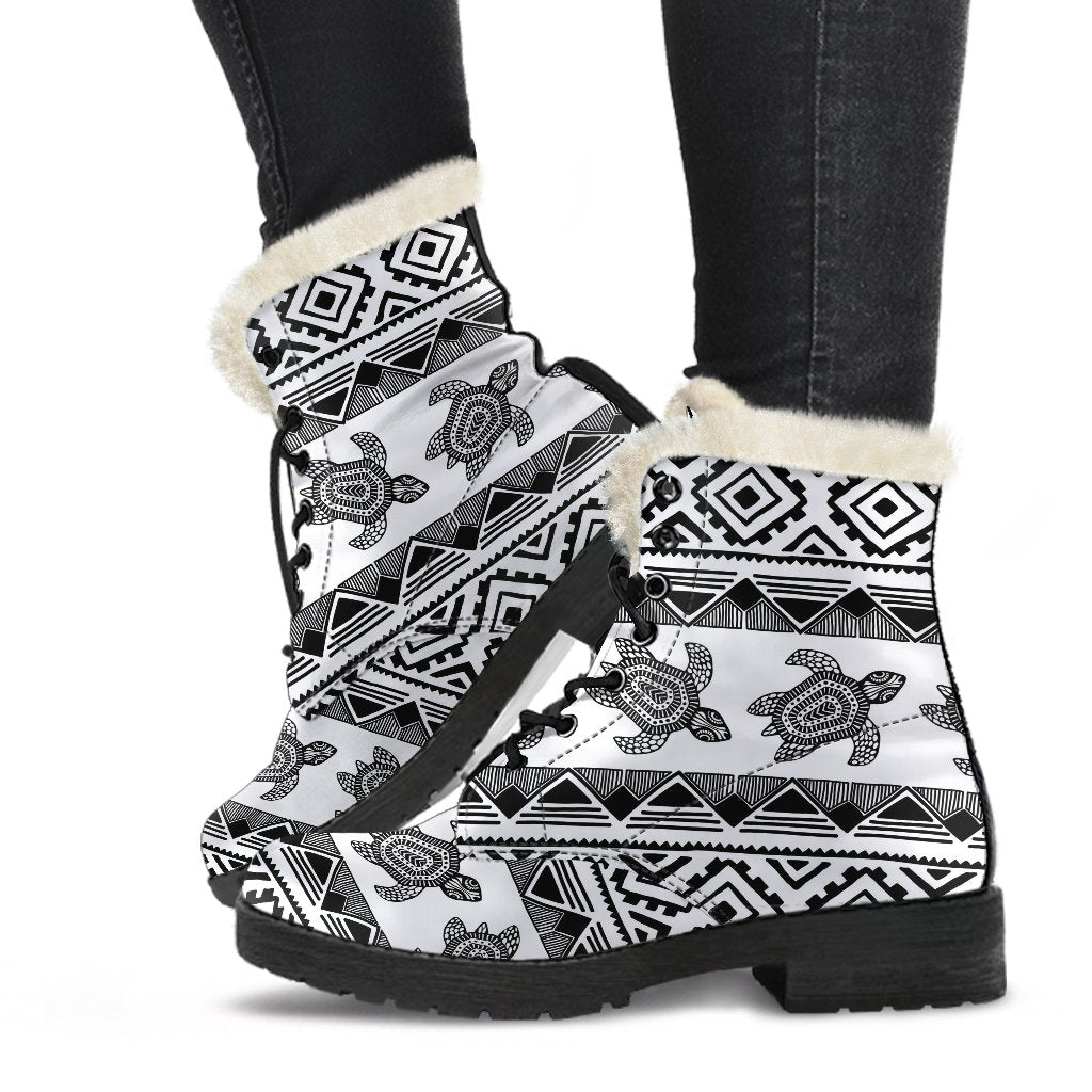Sea Turtle Tribal Aztec Faux Fur Leather Boots