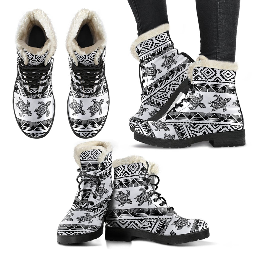Sea Turtle Tribal Aztec Faux Fur Leather Boots