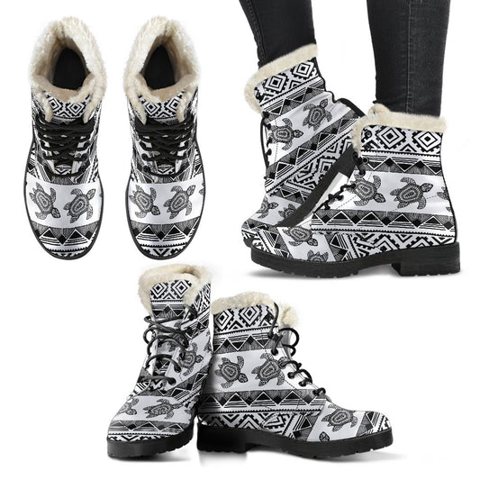 Sea Turtle Tribal Aztec Faux Fur Leather Boots