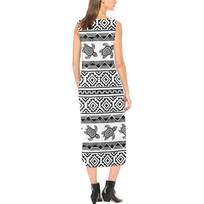 Sea Turtle Tribal Aztec Sleeveless Open Fork Long Dress