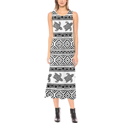 Sea Turtle Tribal Aztec Sleeveless Open Fork Long Dress