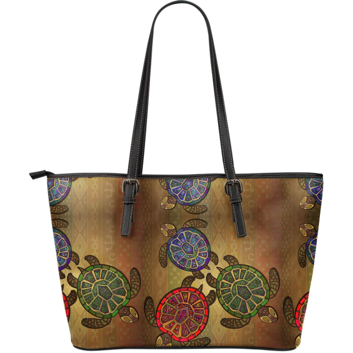 Sea Turtle Tribal Colorful Large Leather Tote Bag