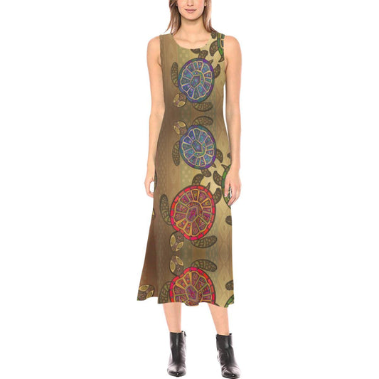 Sea Turtle Tribal Colorful Sleeveless Open Fork Long Dress