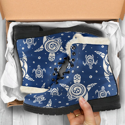Sea Turtle Tribal Faux Fur Leather Boots