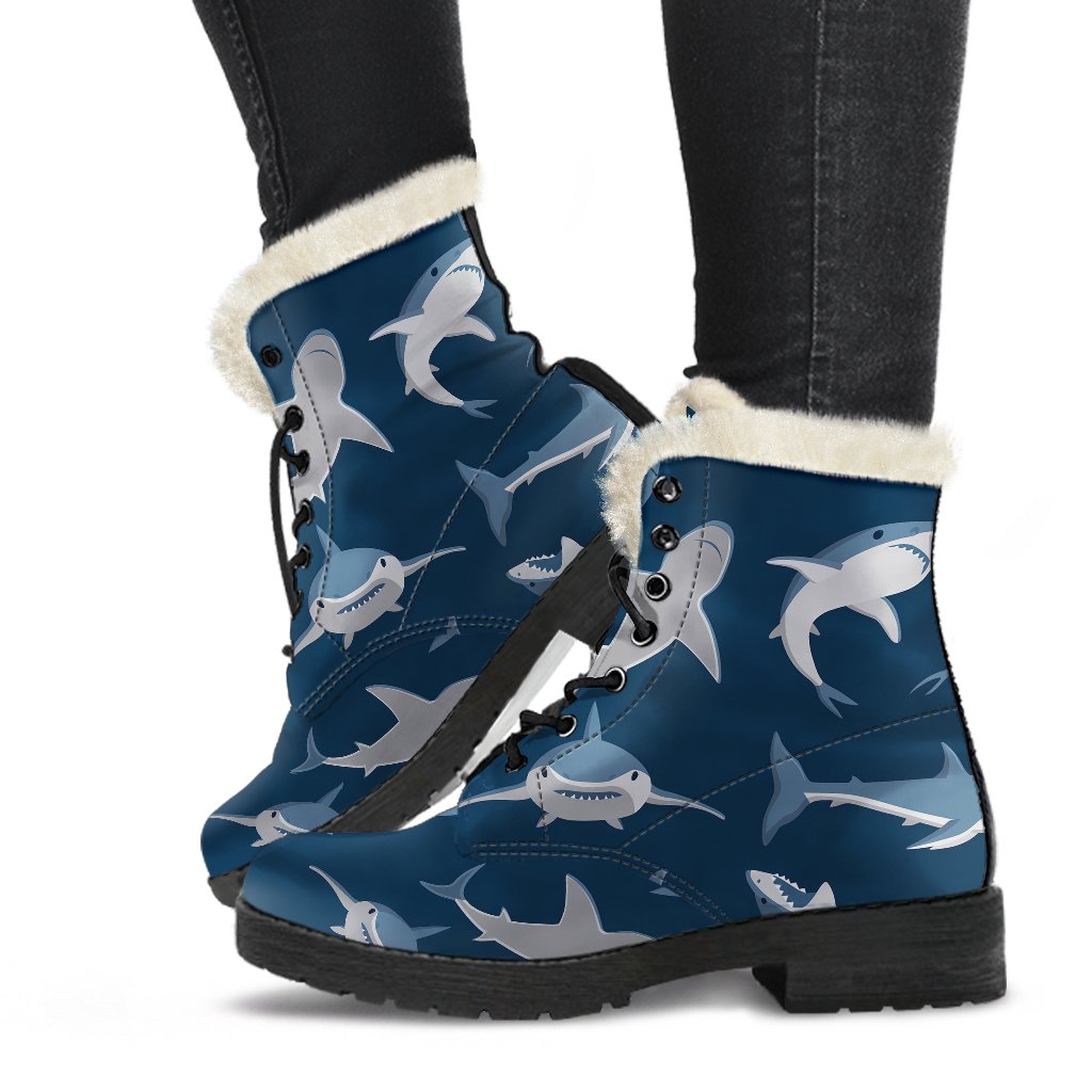 Shark Action Pattern Faux Fur Leather Boots