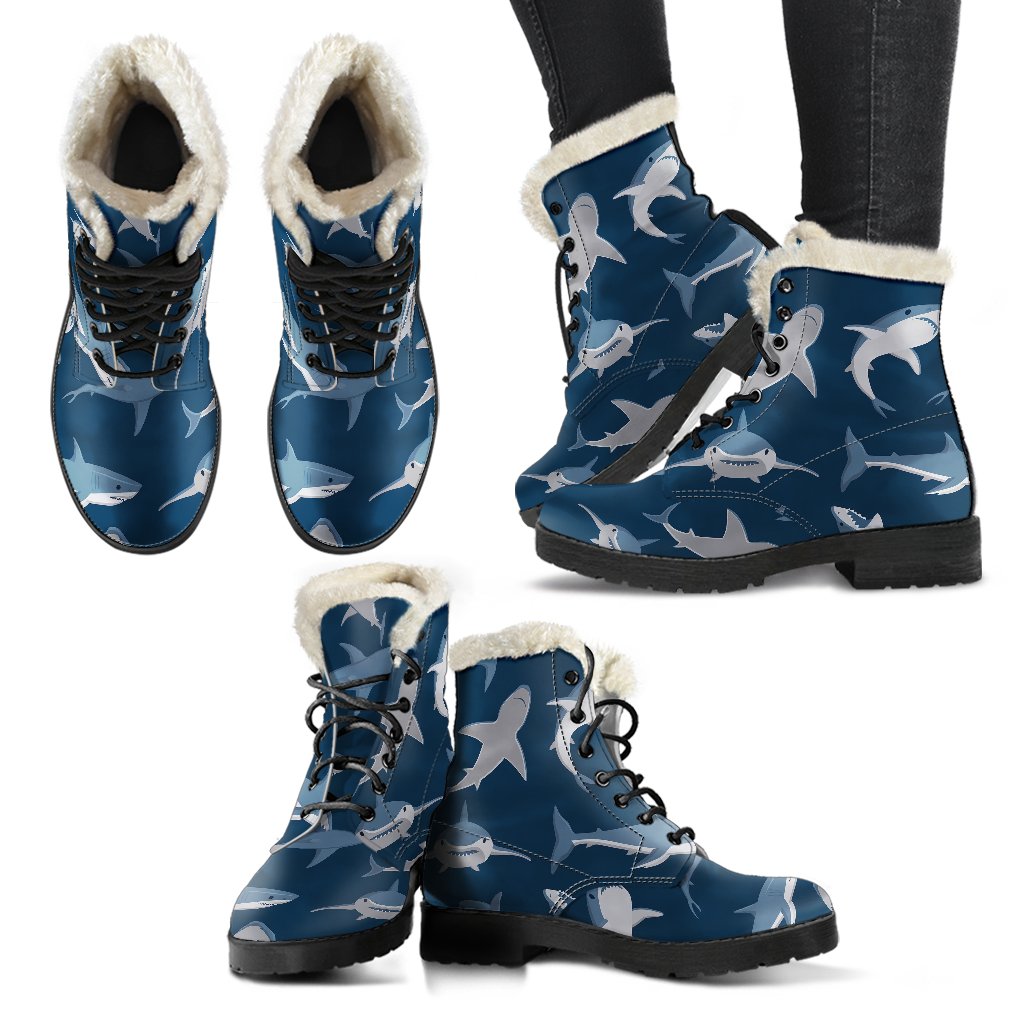 Shark Action Pattern Faux Fur Leather Boots