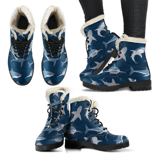 Shark Action Pattern Faux Fur Leather Boots