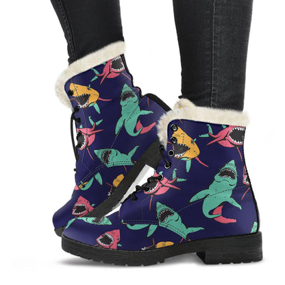 Shark Bite Pattern Faux Fur Leather Boots