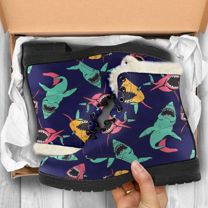 Shark Bite Pattern Faux Fur Leather Boots