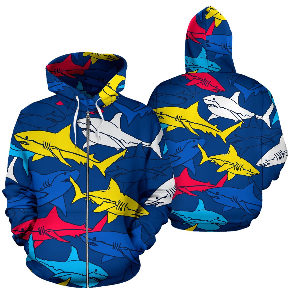 Shark Color Pattern All Over Zip Up Hoodie