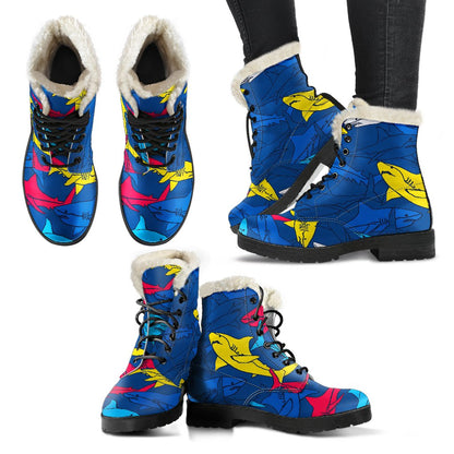 Shark Color Pattern Faux Fur Leather Boots