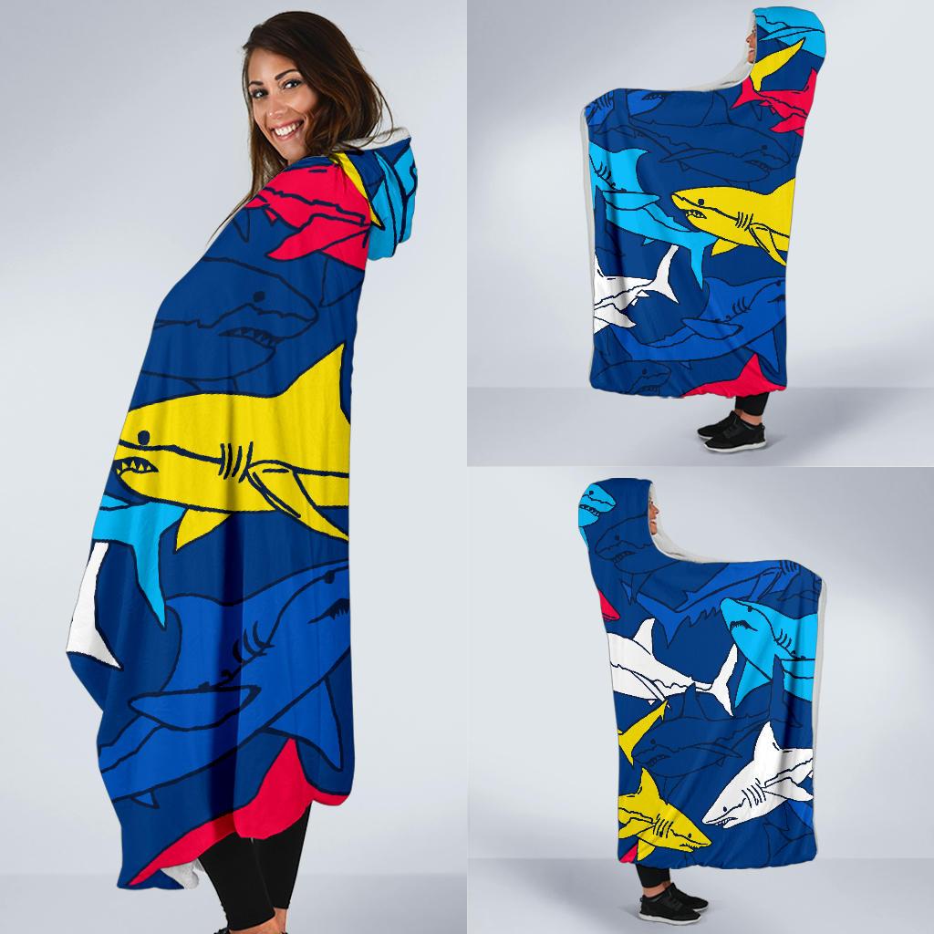 Shark Color Pattern Hooded Blanket-JORJUNE.COM