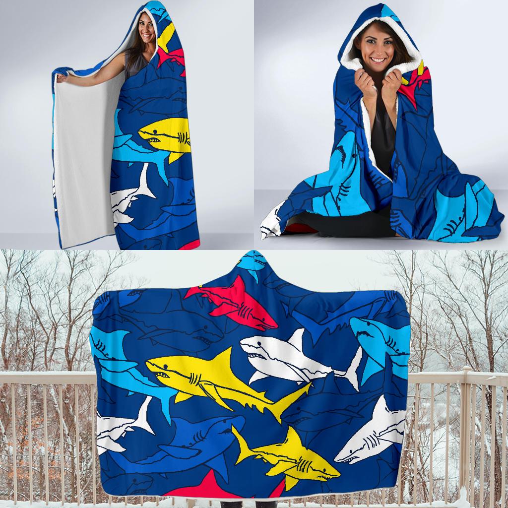 Shark Color Pattern Hooded Blanket-JORJUNE.COM