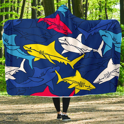 Shark Color Pattern Hooded Blanket-JORJUNE.COM