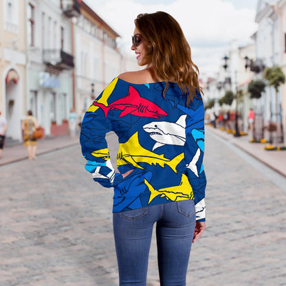 Shark Color Pattern Off Shoulder Sweatshirt