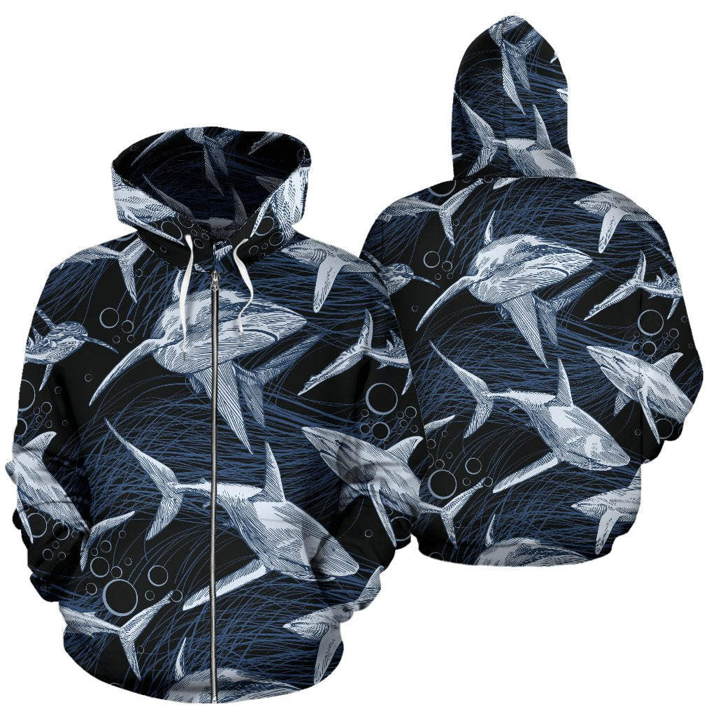 Shark Print Pattern All Over Zip Up Hoodie