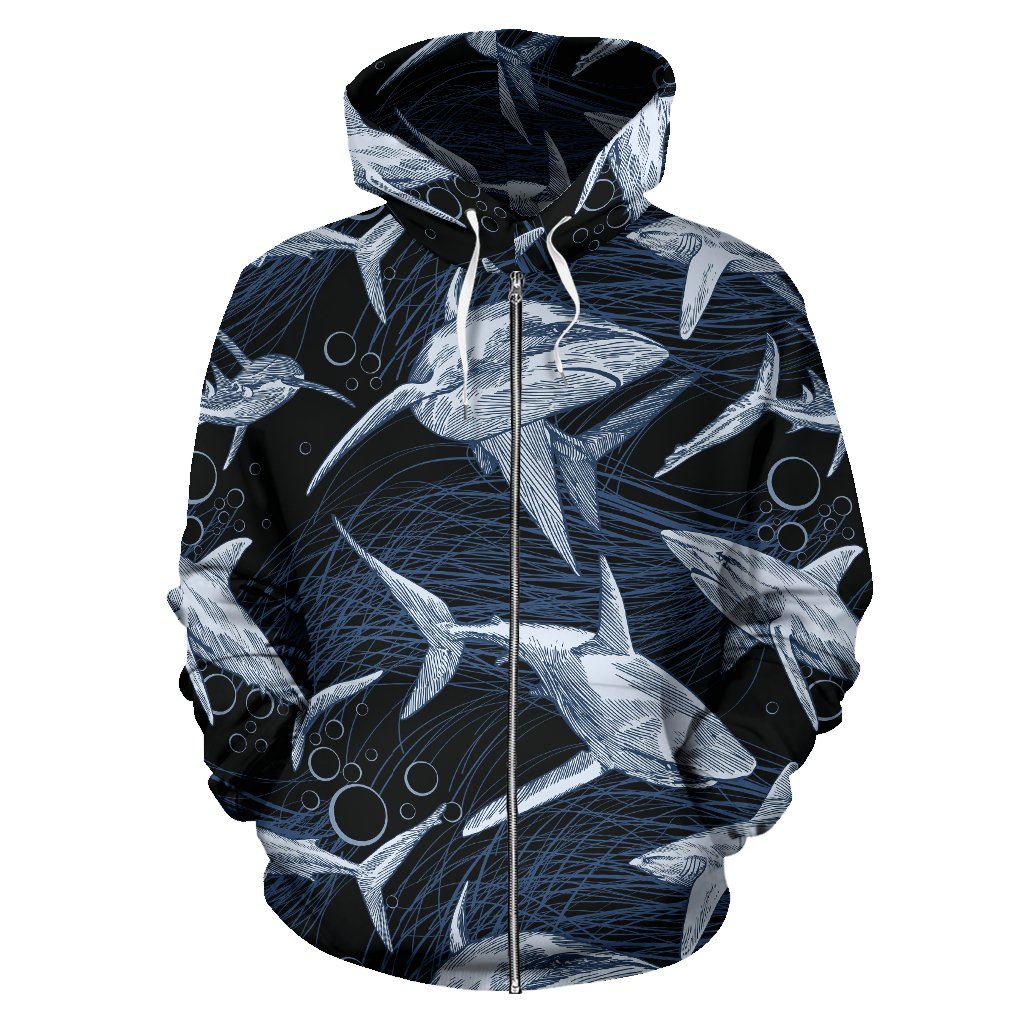 Shark Print Pattern All Over Zip Up Hoodie