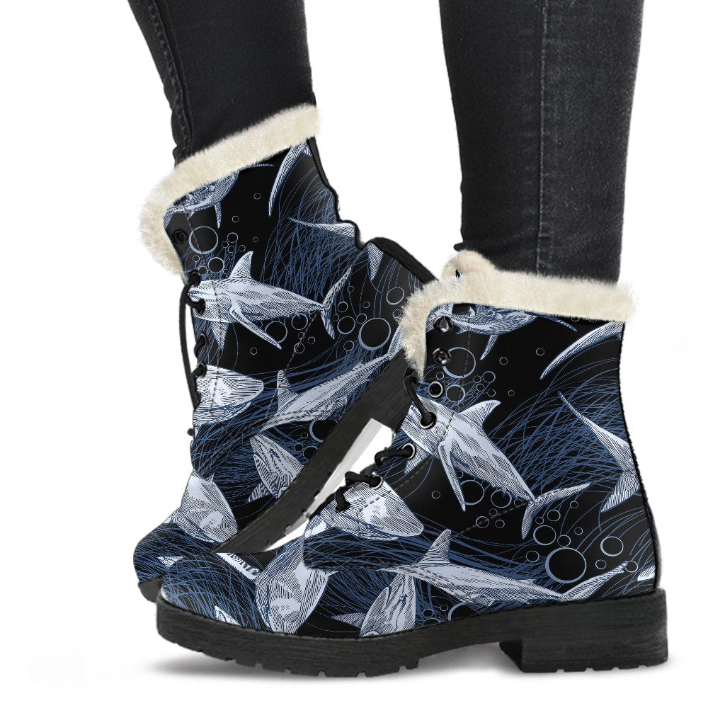 Shark Print Pattern Faux Fur Leather Boots