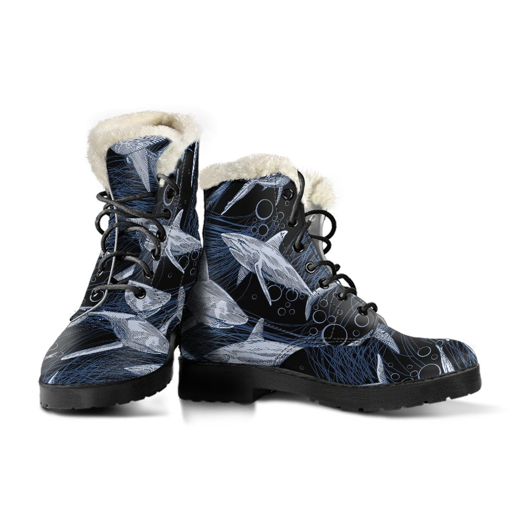 Shark Print Pattern Faux Fur Leather Boots