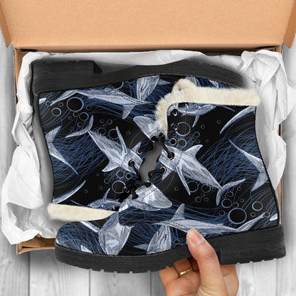 Shark Print Pattern Faux Fur Leather Boots