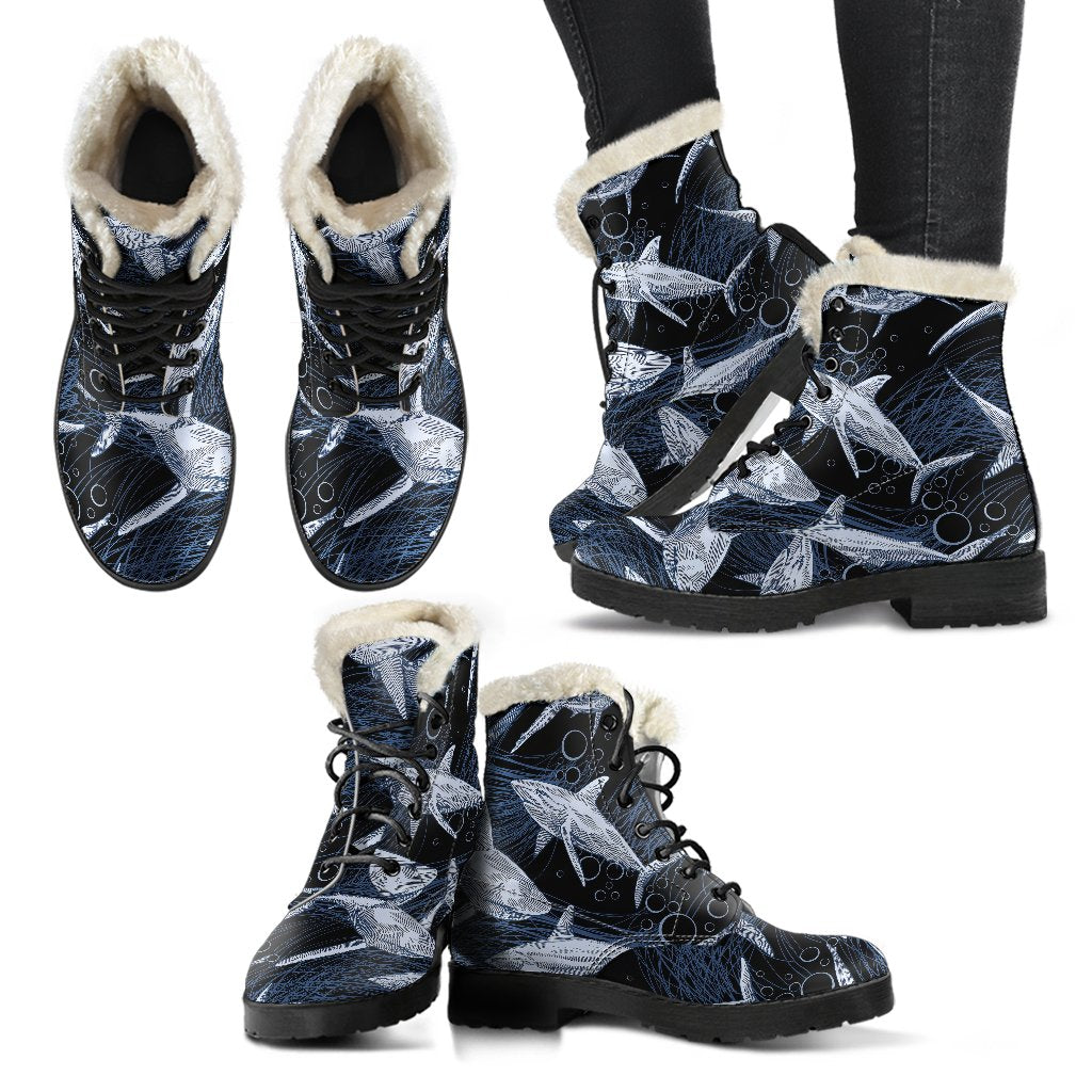 Shark Print Pattern Faux Fur Leather Boots