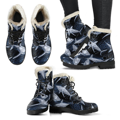 Shark Print Pattern Faux Fur Leather Boots
