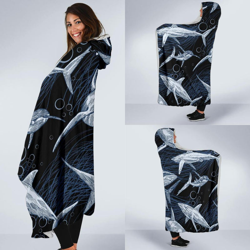 Shark Print Pattern Hooded Blanket-JORJUNE.COM