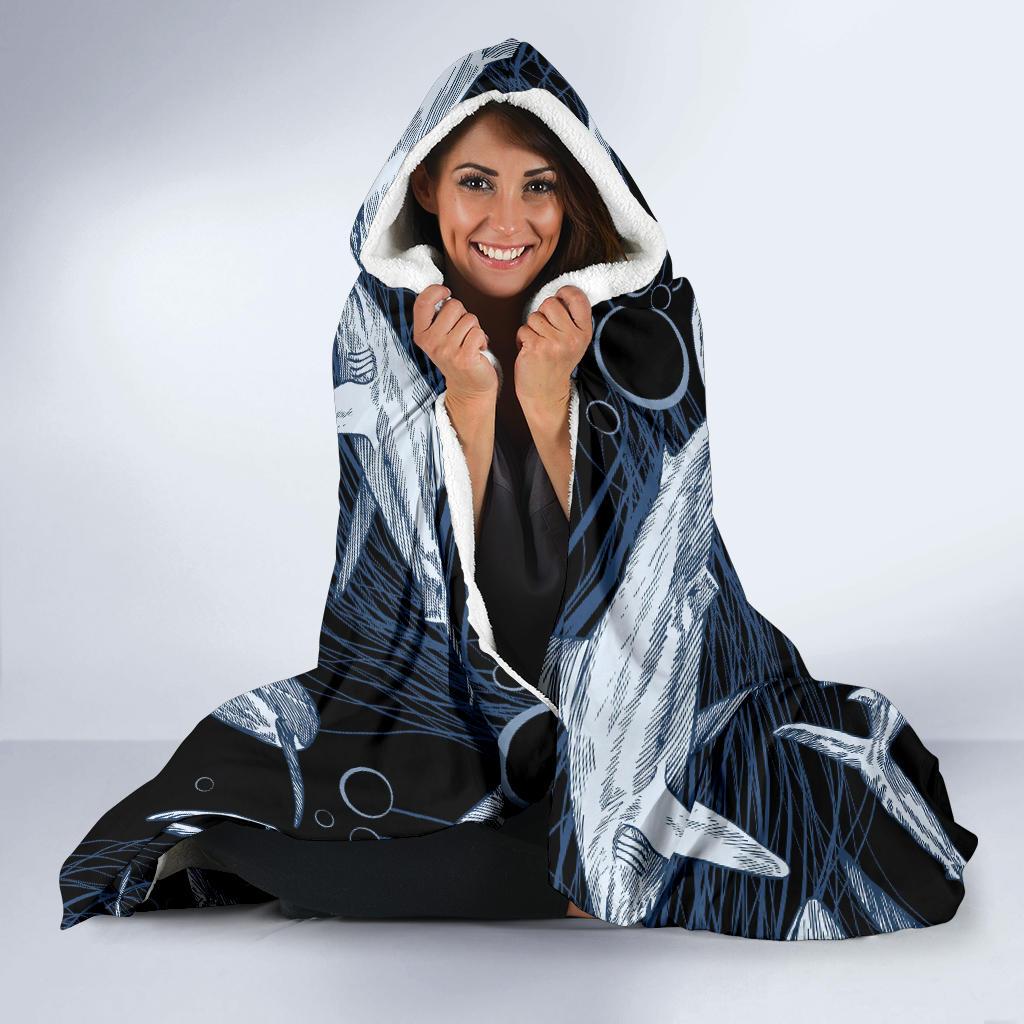 Shark Print Pattern Hooded Blanket-JORJUNE.COM