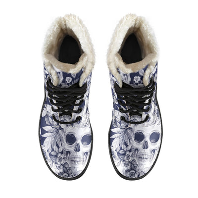 Skull Floral Beautiful Faux Fur Leather Boots