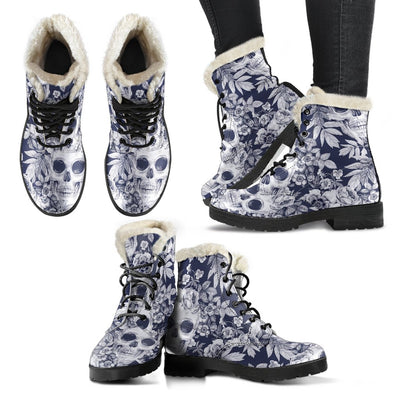 Skull Floral Beautiful Faux Fur Leather Boots