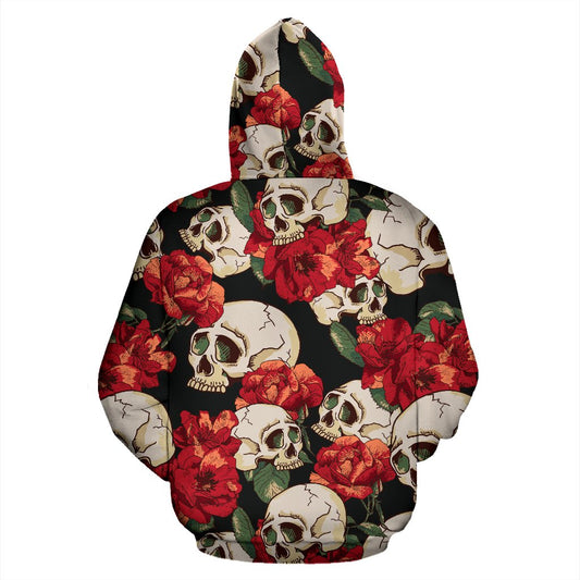 Skull Red Rose All Over Zip Up Hoodie